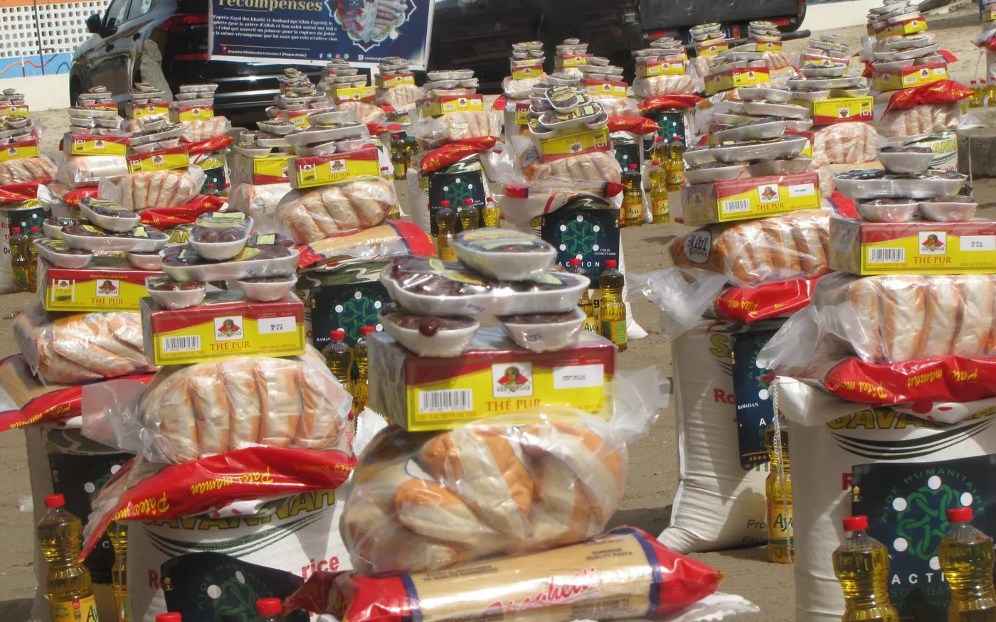 Food kits ready for distribution: rice, oil, pasta