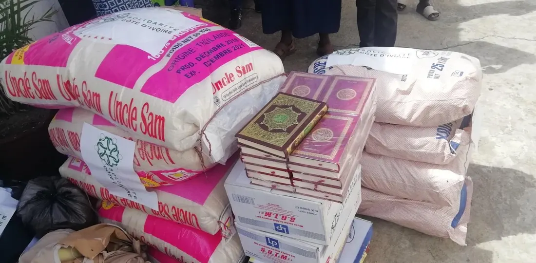 Bags of rice and copies of the Qur’an ready to hand over